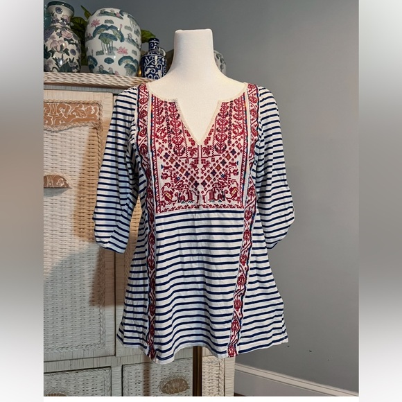 Anthropologie Tops - Anthropologie TINY brand Embroidered Striped Blouse soft stretch embellished EUC